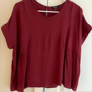 Madewell Cuffed Sleeve Shirred Top Short Sleeve Blouse Maroon Cabernet